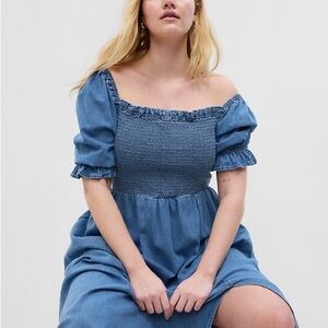 GAP Puff Sleeve Smocked Denim Midi Dress XXL
